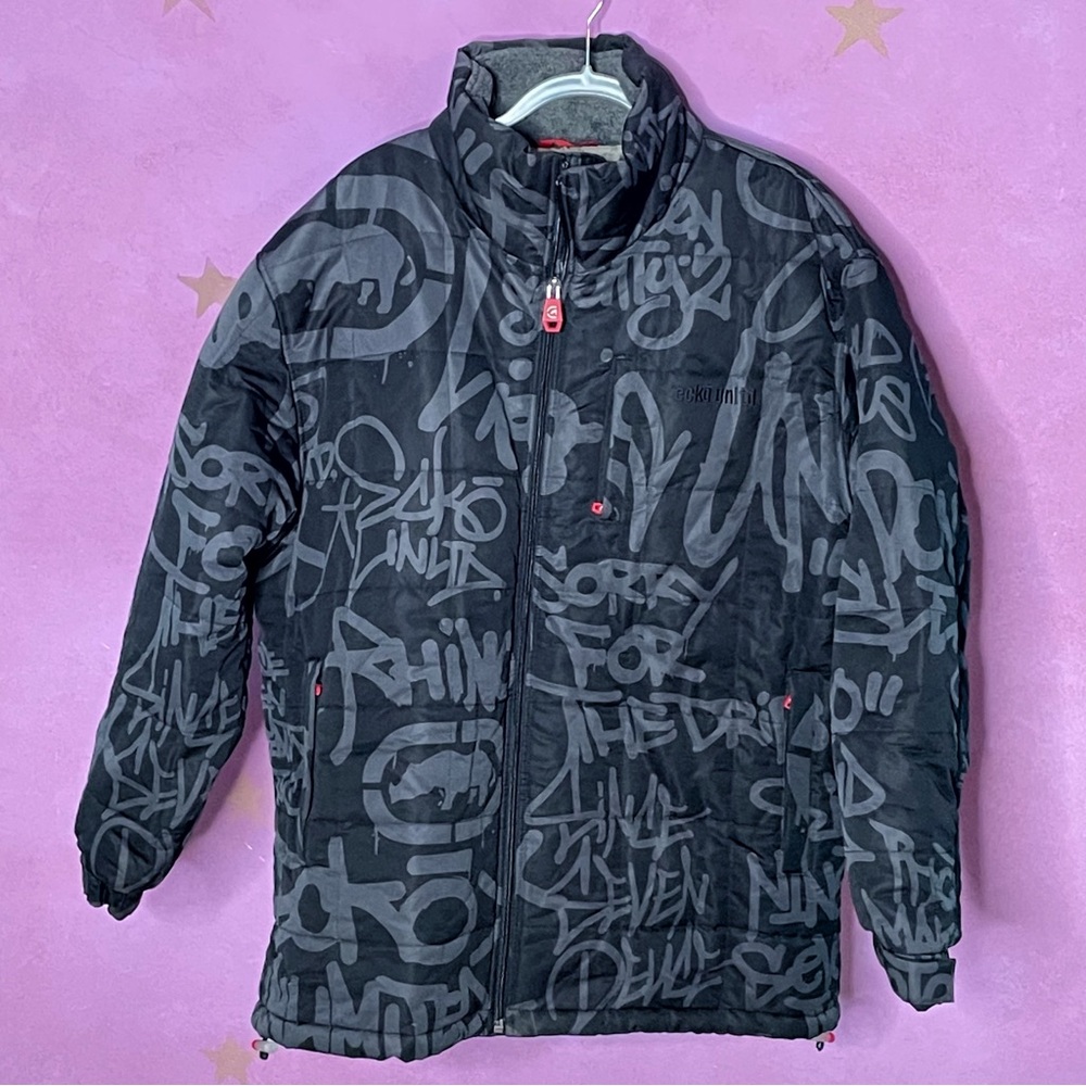 Ecko Unltd. Jacket Coat Men’s XL Black Grey Graffiti Y2K Hip Hop Skater Street